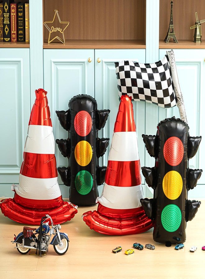 Charnoel 6 Pcs Race Car Birthday Party Decorations Set Traffic Light Balloons Traffic Cones White Checkered Foil Wheels Balloons for Race Car Transportation Baby Shower Racing Boy Birthday Supplies - Image 3